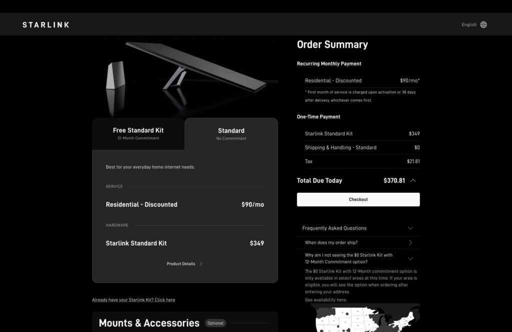 A screenshot of a Starlink ordering page that lists a price of zero for the Starlink Standard Kit and a $120 monthly price for service.