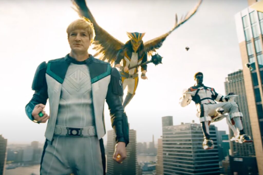 The Green Lantern, Hawkgirl, and Mister Terrific coming in for a landing