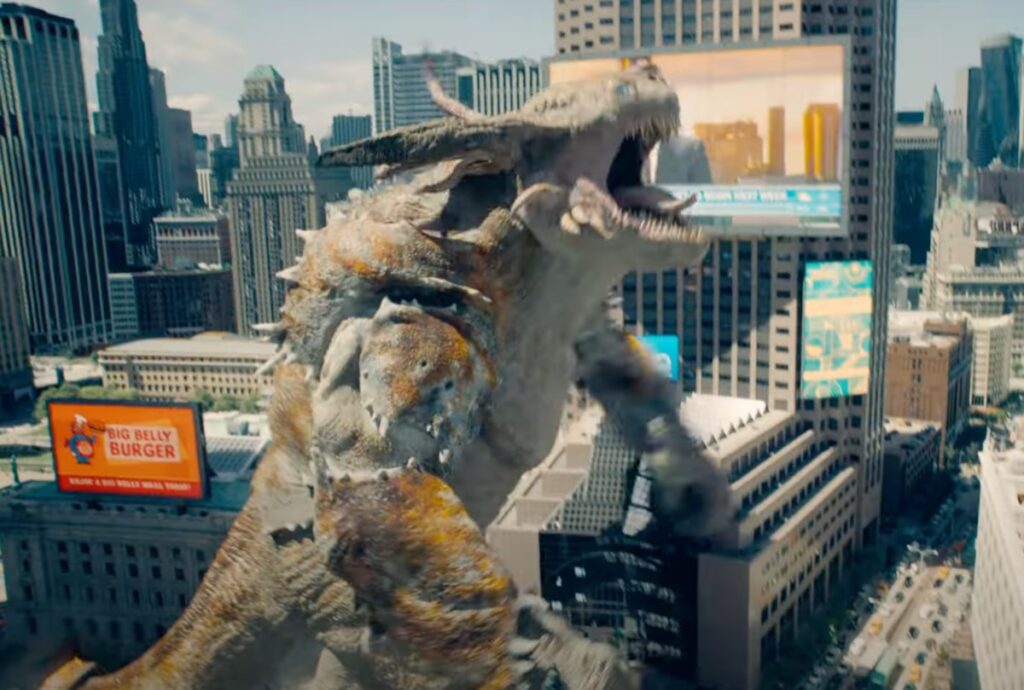 Giant monster roaring as it strides through city streets