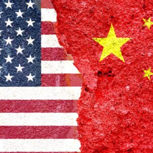 Illustration of United States and China flags painted on a cracked wall.