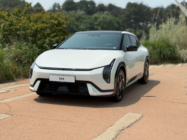 A Kia EV4 seen from the front