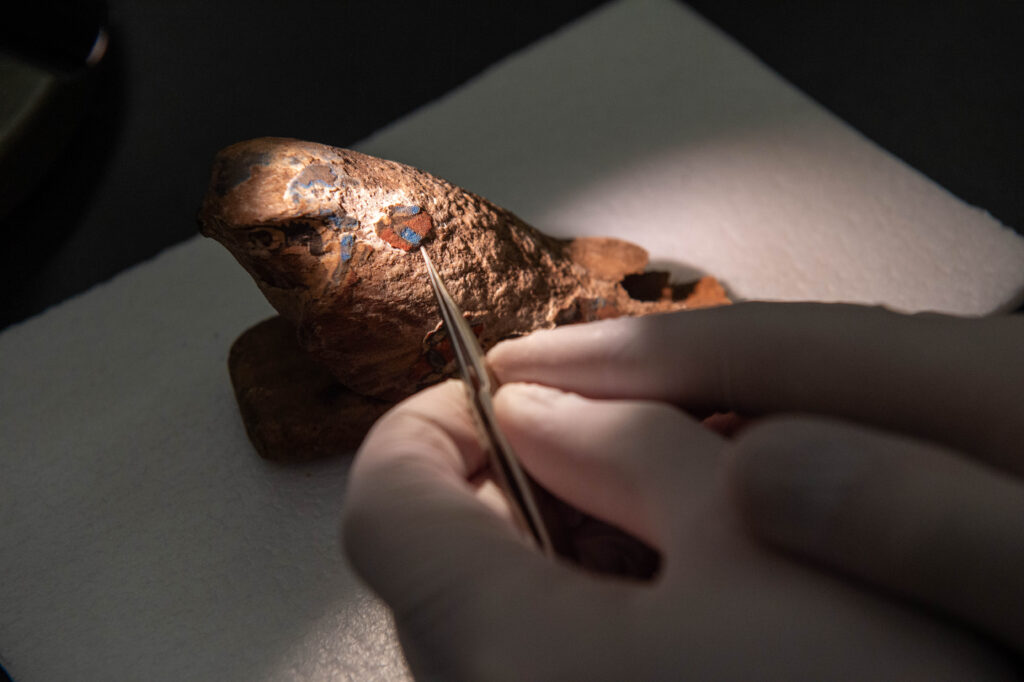 Closeup image of an ancient wooden Egyptian falcon. Researchers have found a way to repoduce the blue pigment visible on the artifact