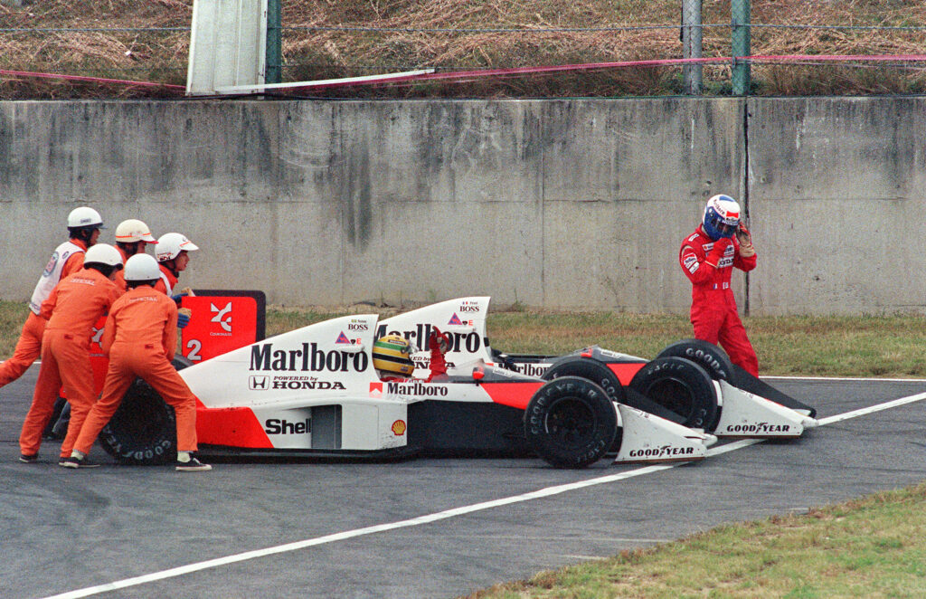 Ayrton Senna and Alain Prost’s McLarens at the side of the track at Suzuka in 1988