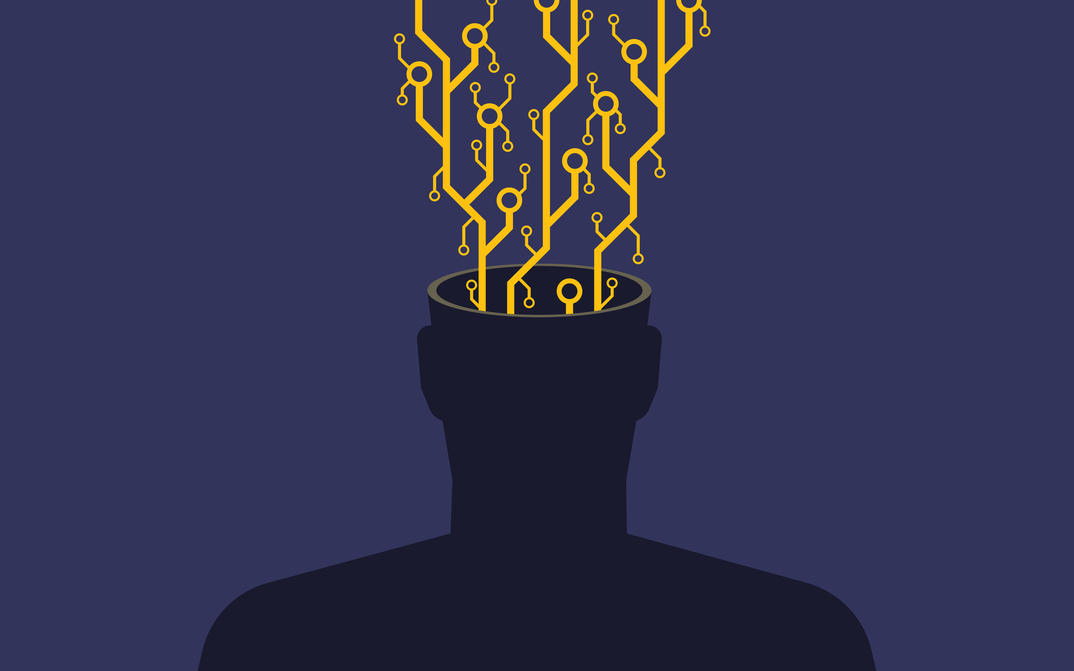 An image of a faceless human silhouette (chest up) with exposed microchip contacts and circuitry erupting from its open head. This visual metaphor explores transhumanism, AI integration, or the erosion of organic thought in the digital age. The stark contrast between the biological silhouette and mechanical components highlights themes of technological dependence or posthuman evolution. Ideal for articles on neural implants, futurism, or the ethics of human augmentation.