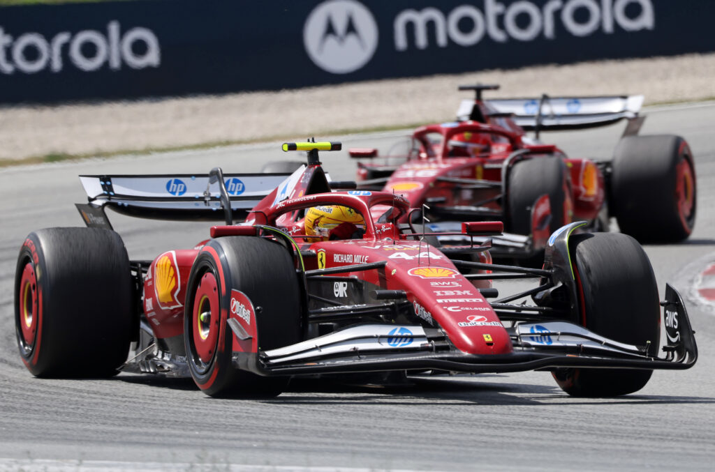 Lewis Hamilton and Charles Leclerc of Scuderia Ferrari HP drive the Ferrari SF-25 during the Formula 1 Aramco Grand Prix of Spain at Circuit de Barcelona-Catalunya in Barcelona, Spain, on June 1, 2025.