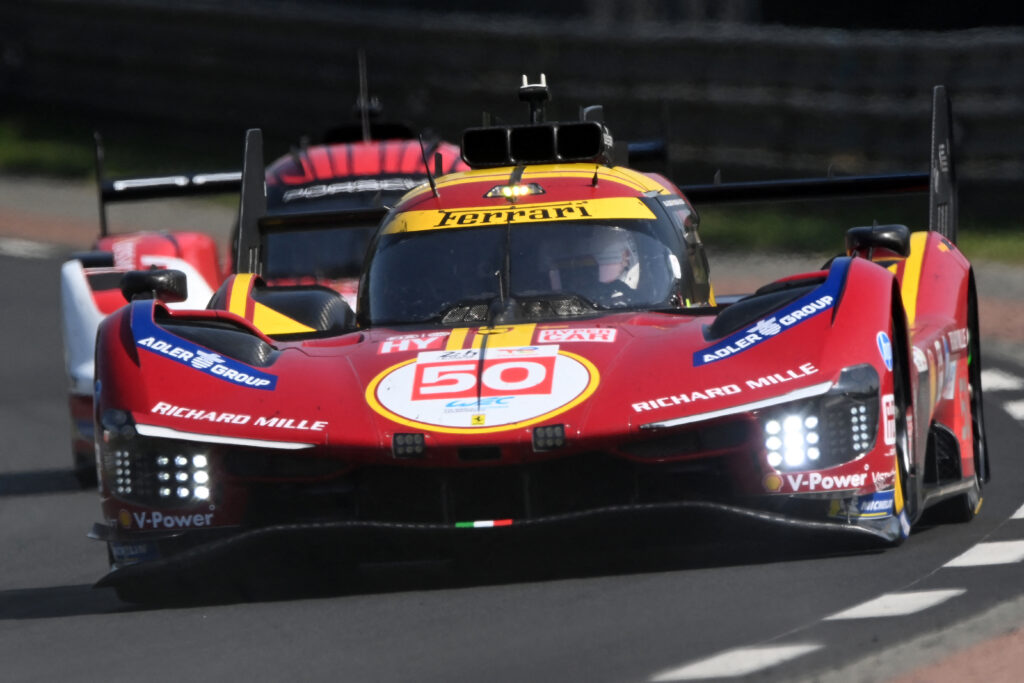 Team Ferrari AF Corse's Danish driver #50 Nicklas Nielsen steers his hypercar during the first free practice session for the 2025 Le Mans 24 hour endurance race at the Le Mans circuit, in northwestern , on June 11, 2025.
