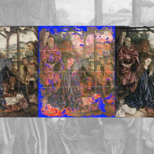 The restoration process from start to finish. Left: the painting in its damaged state. Center: a diagnostic map where green indicates complete breaks in the wood panel, red marks significant paint cracking, blue highlights major areas of paint loss, and pink identifies minor damage such as scratches. Right: the completed restoration with the polymer mask applied.