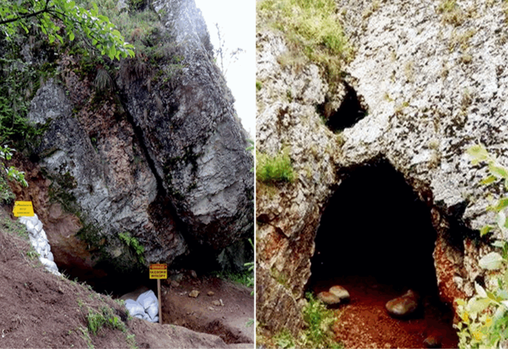 two photos of a cave entrance