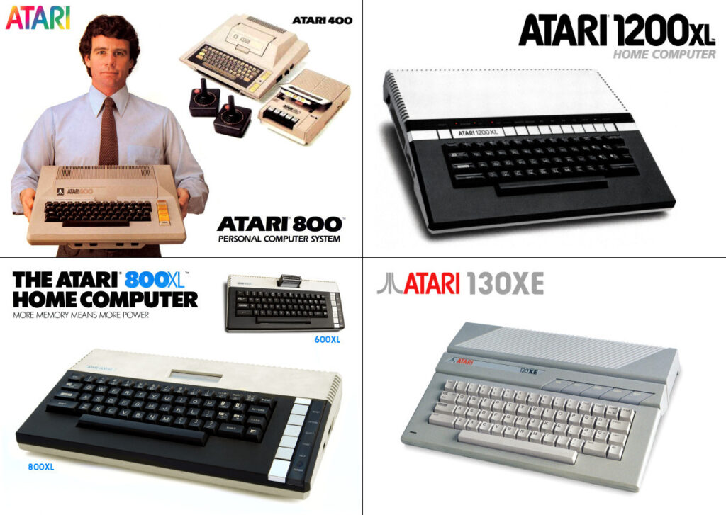 Uma variedade de alguns dos sistemas de computadores Atari de 8 bits lançados nas décadas de 1970 e 80.