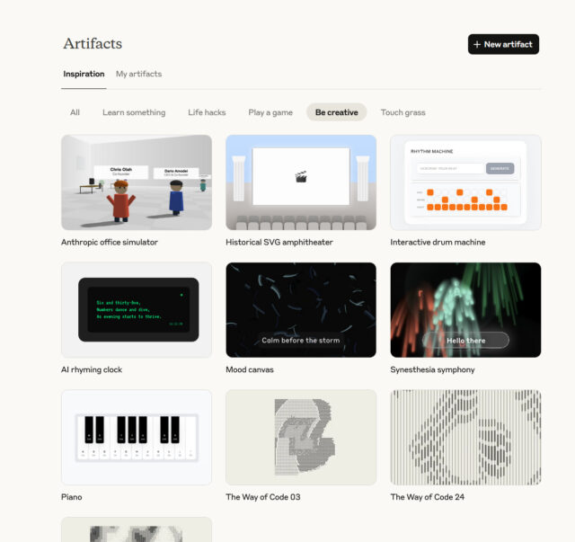 A view of the Anthropic Artifacts gallery in the 
