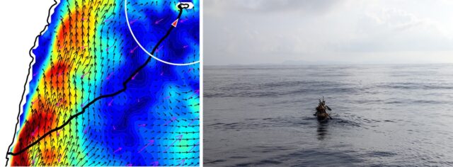 (Izquierda) Seguimiento y modelado del GPS de corrientes oceánicas hacia el final del viaje experimental. (Derecha) El equipo en el agua alrededor de la hora de la izquierda.