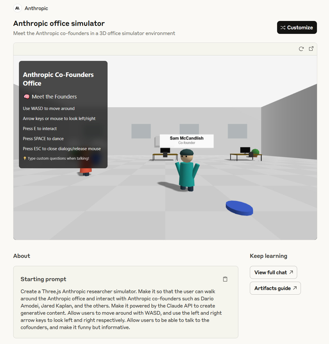 A screenshot of an example AI-coded game within Claude Artifacts.