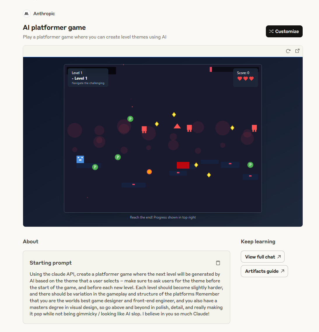 A screenshot of an example AI-coded game within Claude Artifacts.