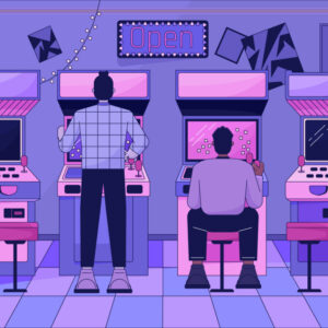 Arcade video gaming lo fi aesthetic wallpaper - stock illustration