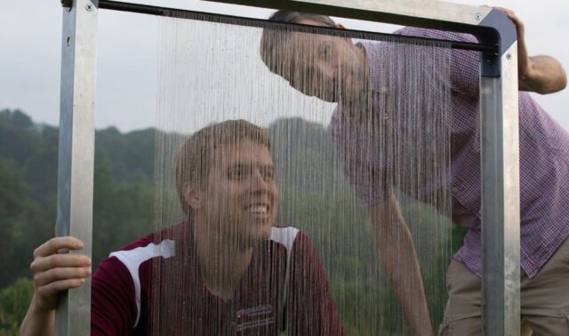Jonathan Boreyko and Brook Kennedy in 2018 with the original fog harp