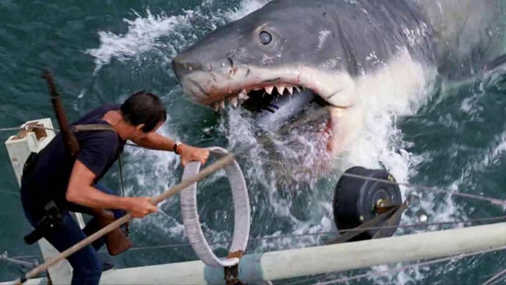 closeup of great white shark attacking a boat as a man drives a long rod into its mouth