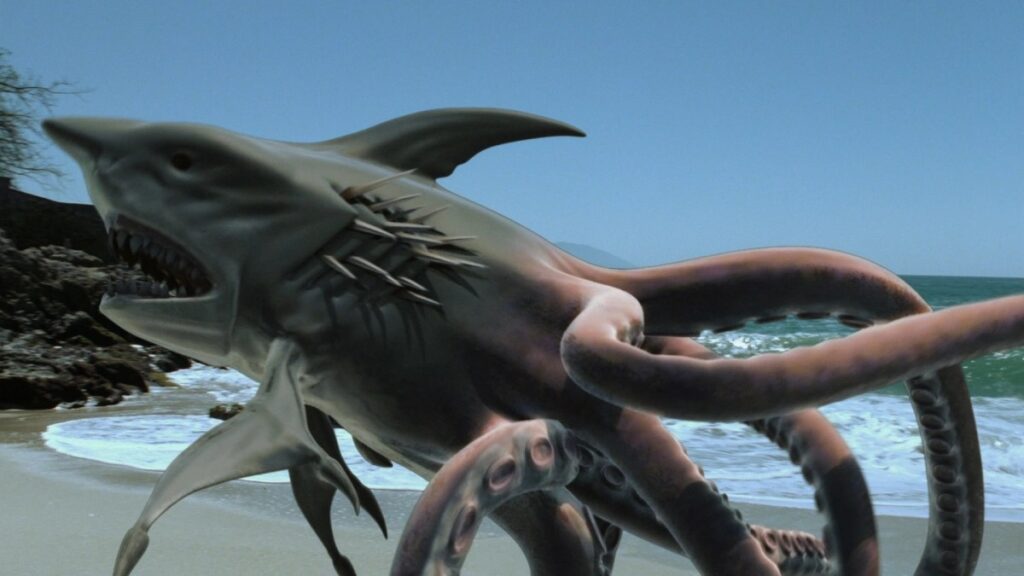 a sharks head and toro with octopus legs crawling out of the water onto a beach