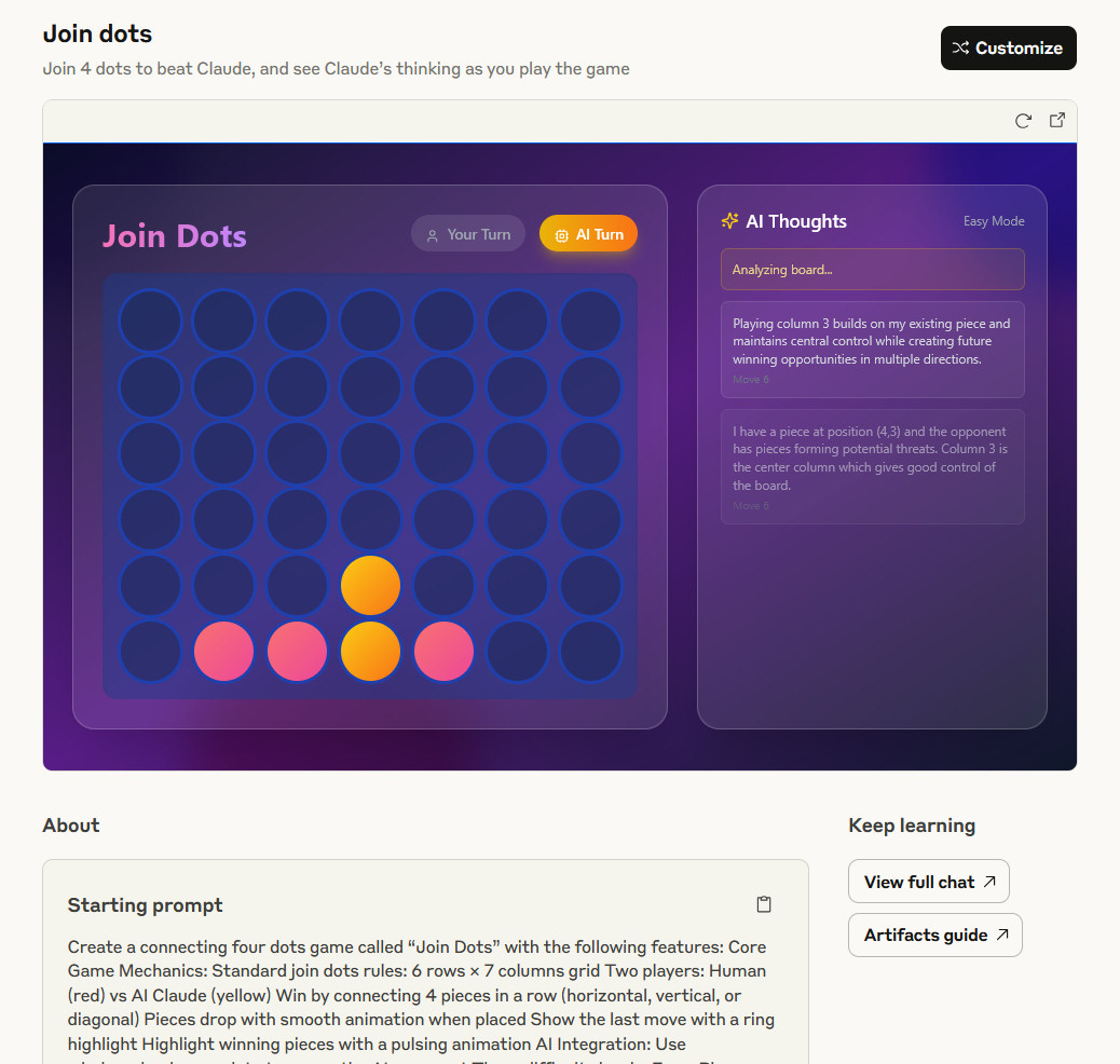 A screenshot of an example AI-coded game within Claude Artifacts.