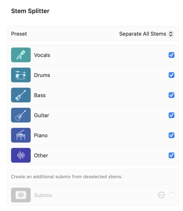 screenshot of logic's new stem splitter feature