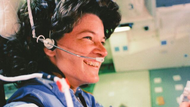Sally Ride, the first American woman to fly in space, smiles aboard the Space Shuttle Challenger during the STS-7 mission in June 1983.