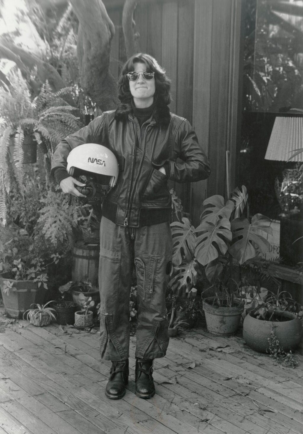 Astronaut Sally Ride poses in her classic leather bomber jacket in this undated photo.