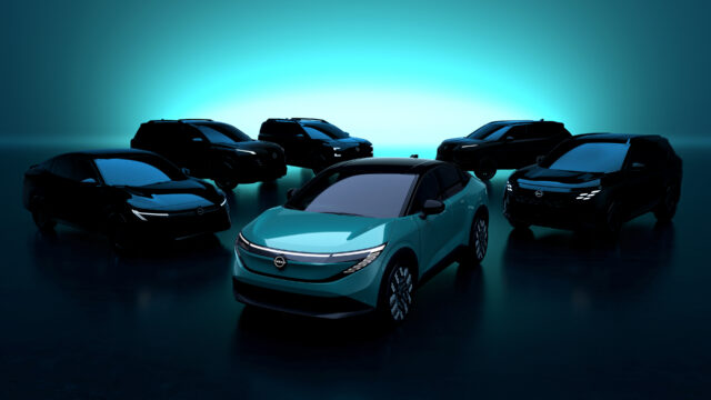 A Nissan Leaf surrounded by other Nissan concepts that are in shadow