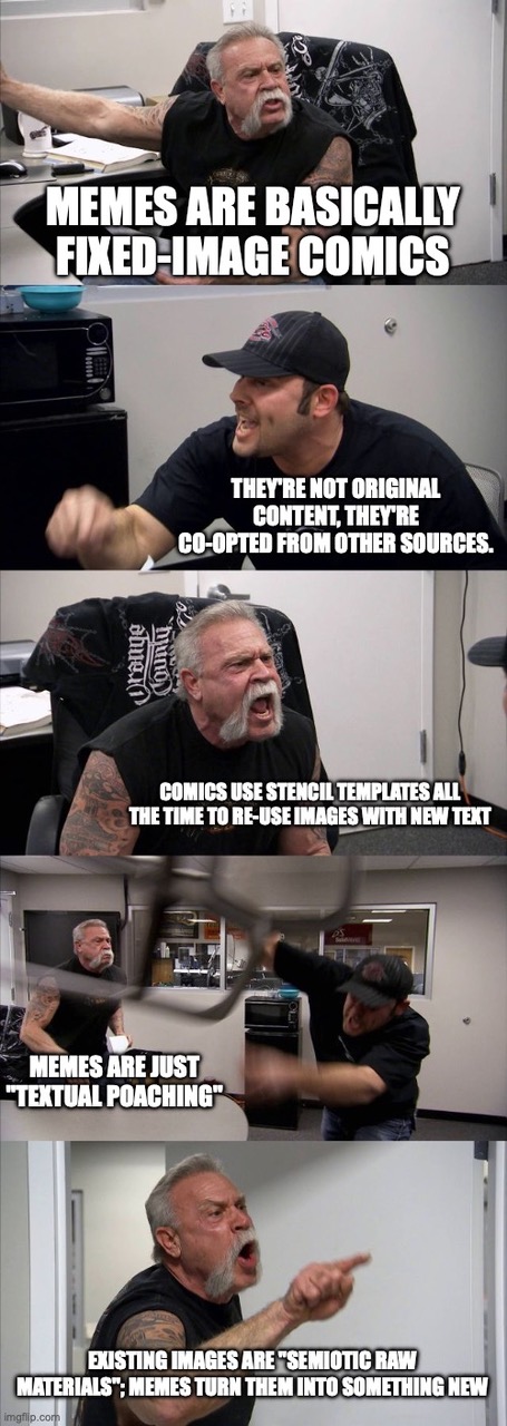 American Chopper meme with each frame representing a stage in the debate