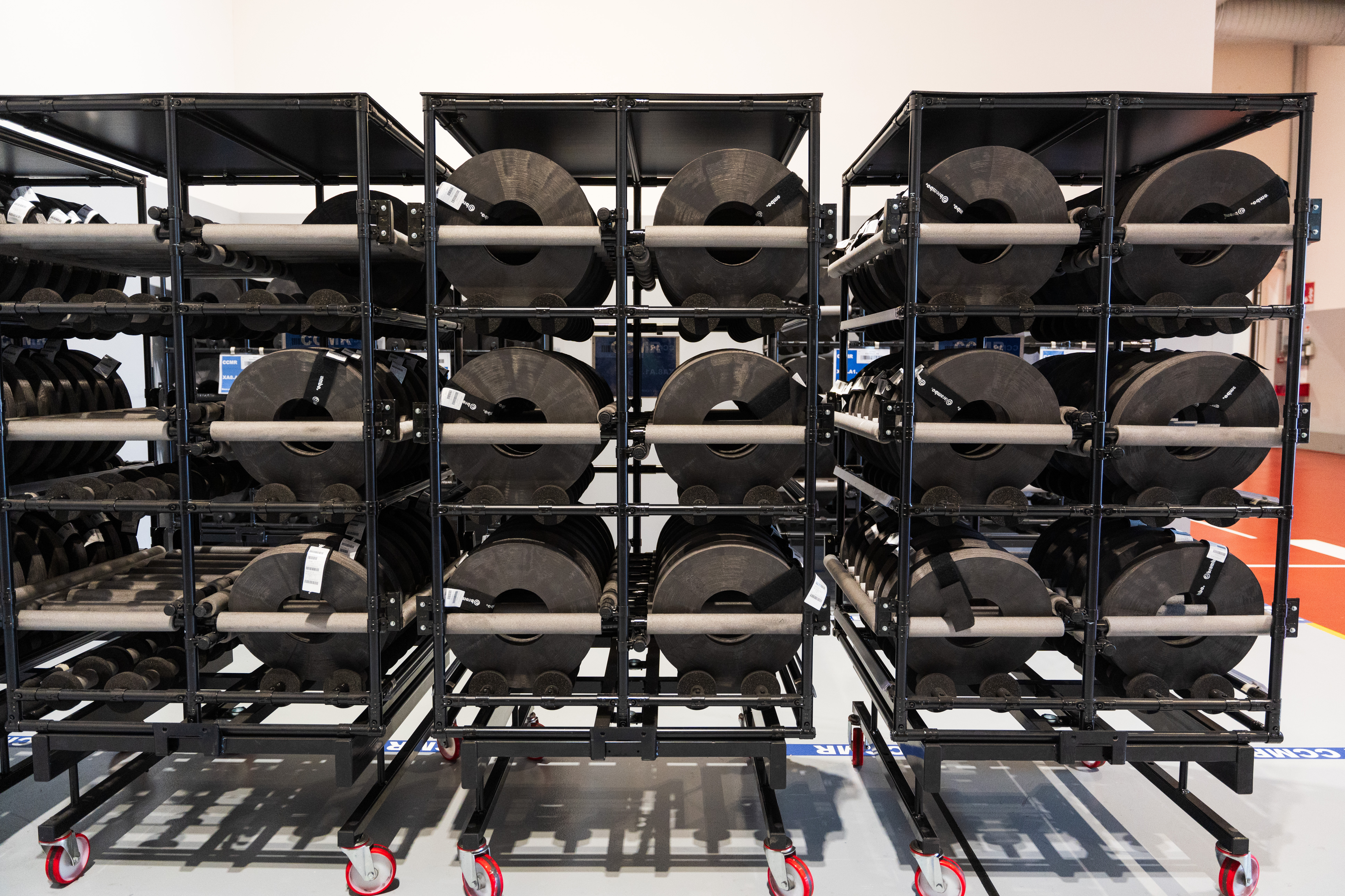 Racks of carbon brake discs at the Brembo factory