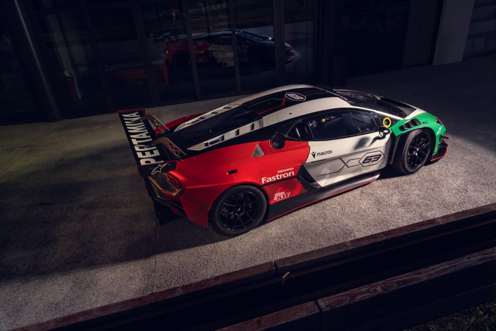 A lamborghini temerario GT3 seen from above and behind
