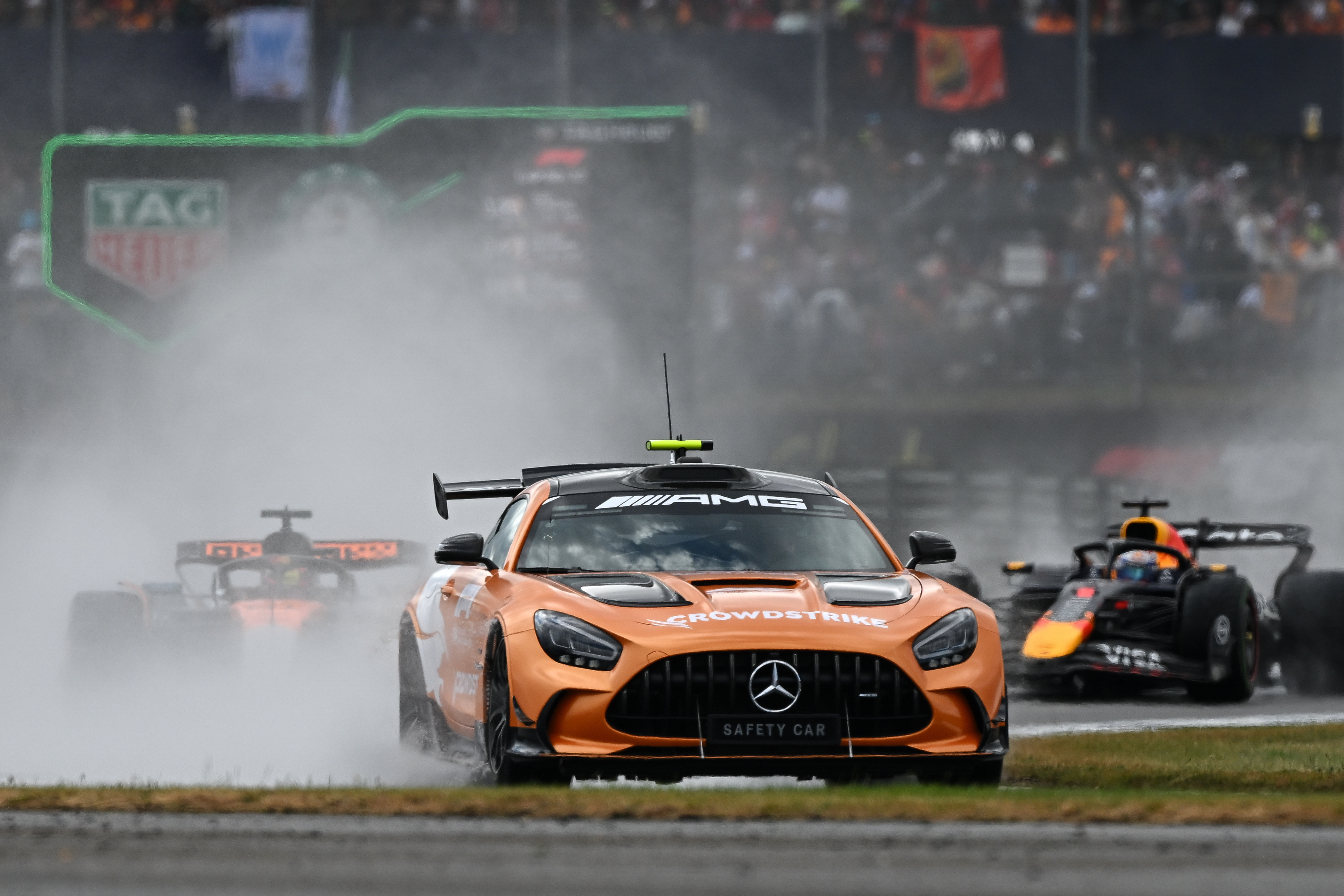 The safety car is present during the Formula 1 Qatar Airways Grand Prix of Great Britain at the Silverstone Circuit in Towcester, England, on July 6, 2024.