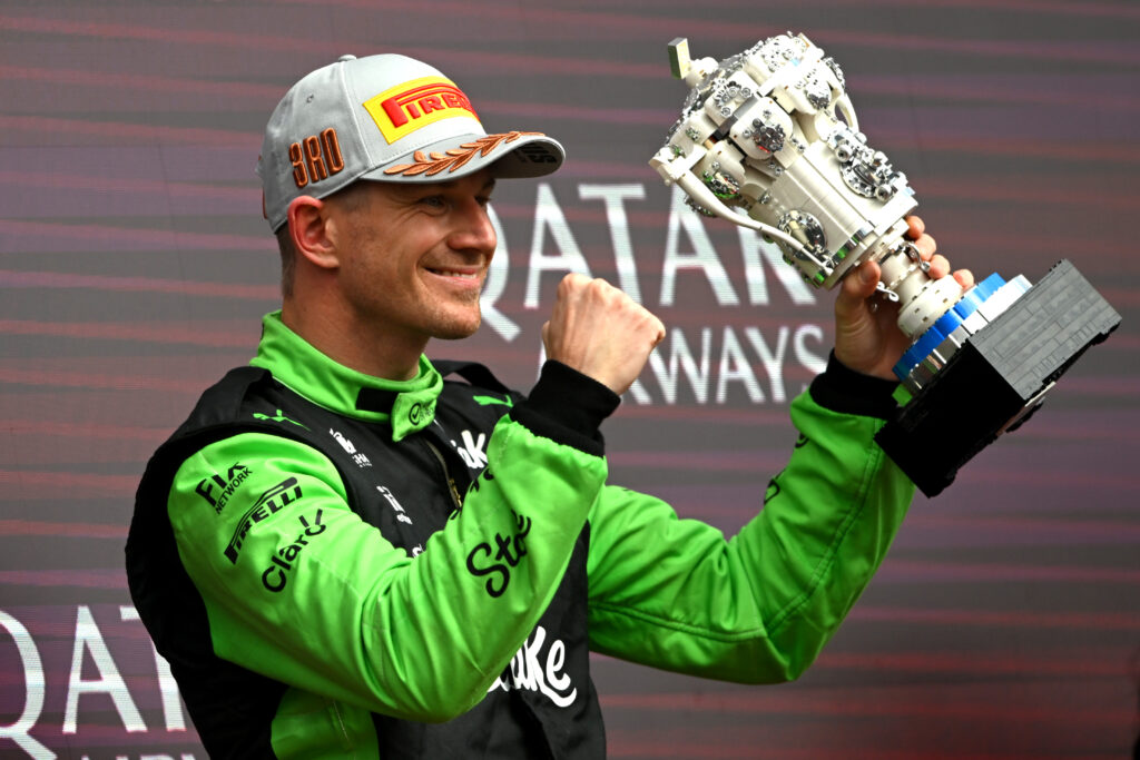 NORTHAMPTON, ENGLAND - JULY 06: Third placed Nico Hulkenberg of Germany and Stake F1 Team Kick Sauber celebrates on the podium with his trophy during the F1 Grand Prix of Great Britain at Silverstone Circuit on July 06, 2025 in Northampton, England.
