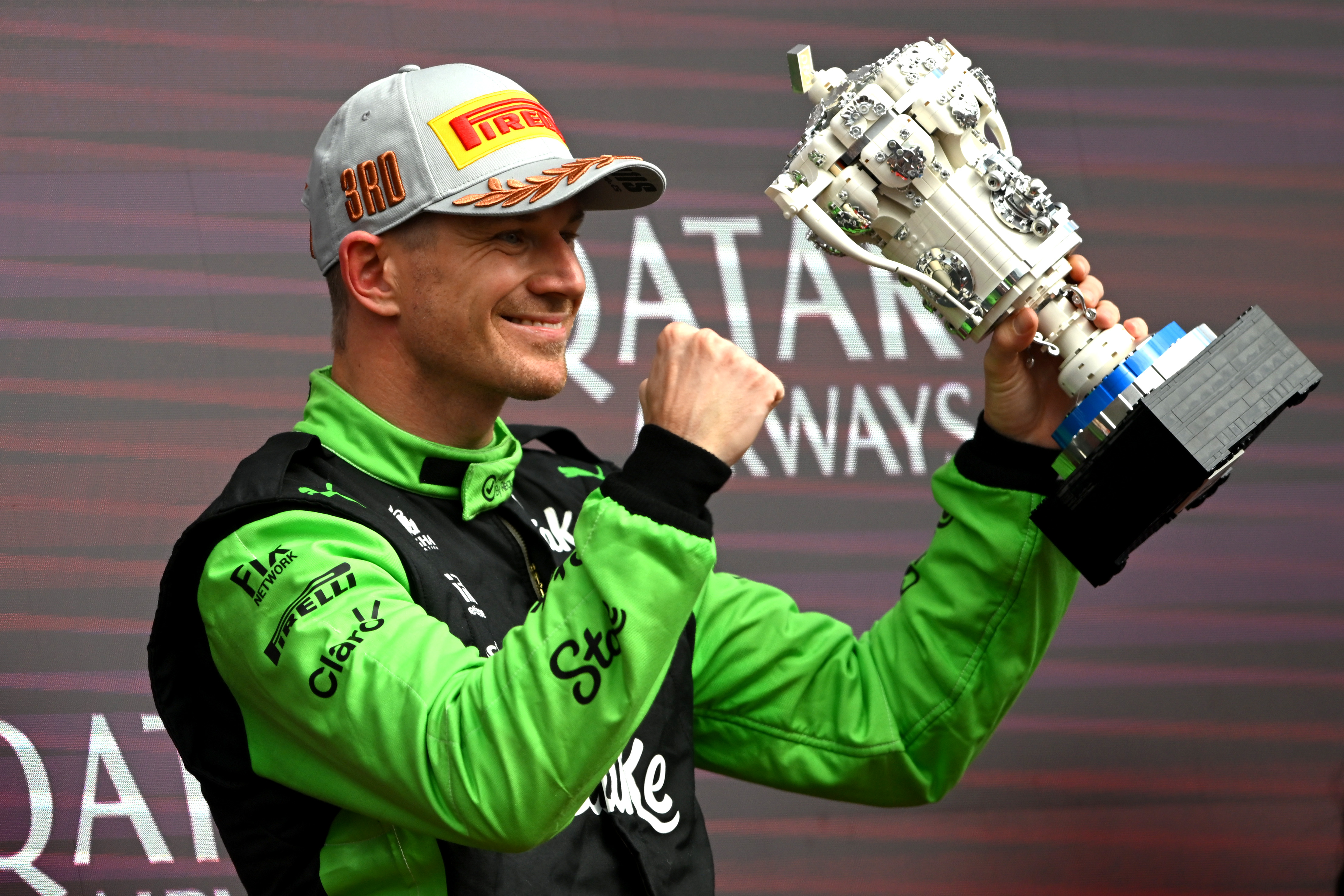  Third placed Nico Hulkenberg of Germany and Stake F1 Team Kick Sauber celebrates on the podium with his trophy during the F1 Grand Prix of Great Britain at Silverstone Circuit on July 06, 2025 in Northampton, England.