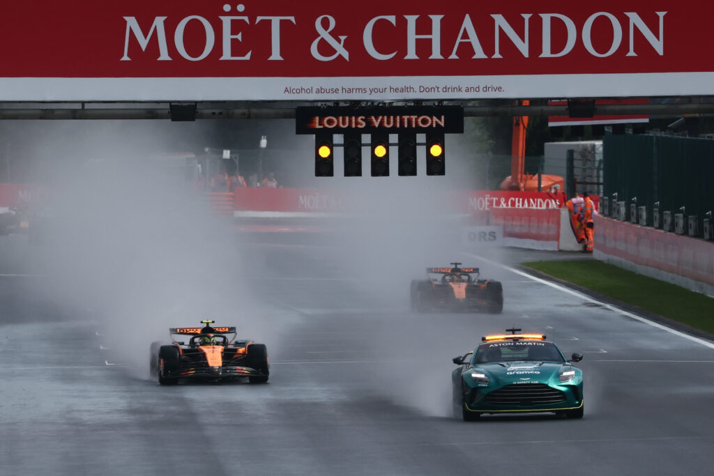 Aston Martin F1 Safety Car, Lando Norris and Oscar Piastri of McLaren during the Formula 1 Belgian Grand Prix at Spa-Francorchamps in Spa, Belgium on July 27, 2025.