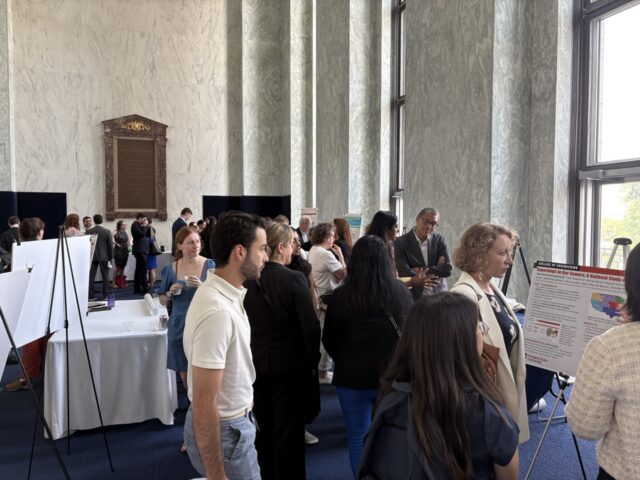 A room full of people standing around a hand full of poster-sized presentations.