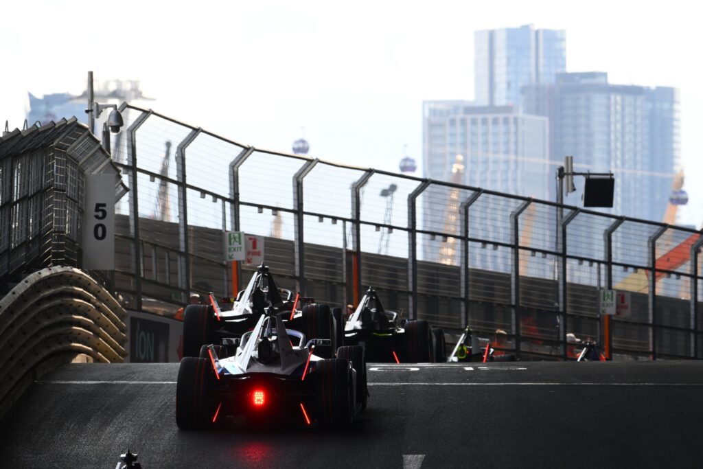 LONDON, ENGLAND - JULY 26: Jake Dennis of Great Britain driving the (27) Andretti Formula E Porsche 99X Electric Gen3 on track during the London E-Prix, Round 15 of the 2025 FIA Formula E World Championship at ExCel London on July 26, 2025 in London, England.