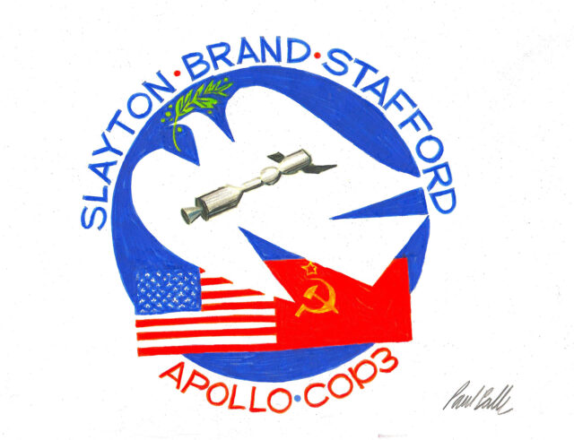 a hand-drawn concept for a space mission patch depicting a stylized white dove with a green olive branch in its mouth, and the flags of the U.S. and USSR set against a blue circular background