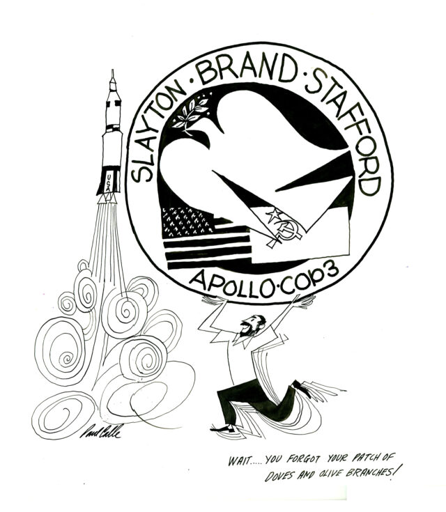 a black and white ink drawing of a man carrying an oversized space mission patch running towards a launching rocket