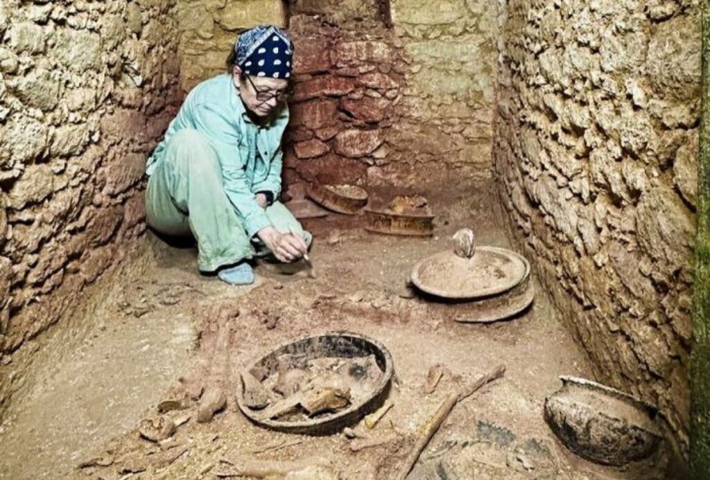 University of Houston provost and archeologist Diane Chase in newly discovered tomb of the first ruler of the ancient Maya city Caracol and the founder of its royal dynasty.