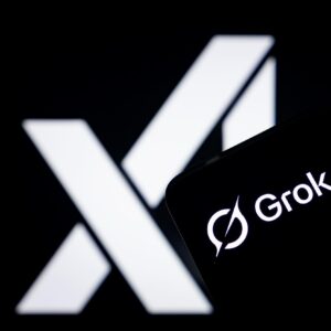 Photo illustration in which the logo of Grok 4 is displayed on a smartphone screen with the xAI logo in the background.
