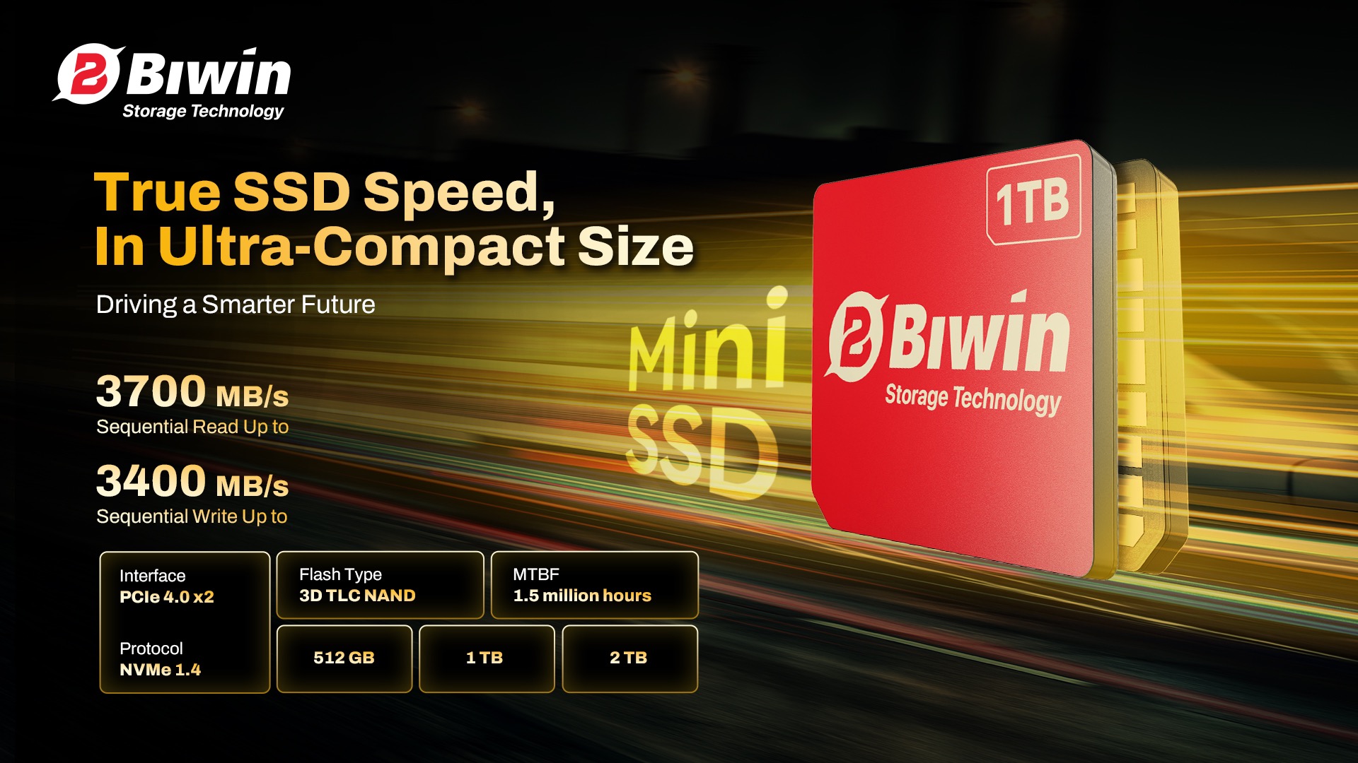 Imagen promocional de Biwin mostrando un mini SSD de 1 TB utilizando tecnología de encapsulado LGA avanzada. Se destaca su tamaño ultracompacto —más pequeño que media moneda— y su resistencia mejorada a impactos y vibraciones. La comparación visual incluye monedas GBP, EUR y USD para ilustrar su diminuto tamaño (15.0 mm x 17.0 mm x 1.4 mm).