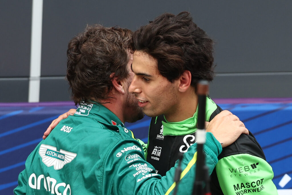 Fernando Alonso of Aston Martin Aramco and Gabriel Bortoleto of Kick Sauber after qualifying ahead of the Formula 1 Hungarian Grand Prix at Hungaroring in Budapest, Hungary on August 2, 2025.