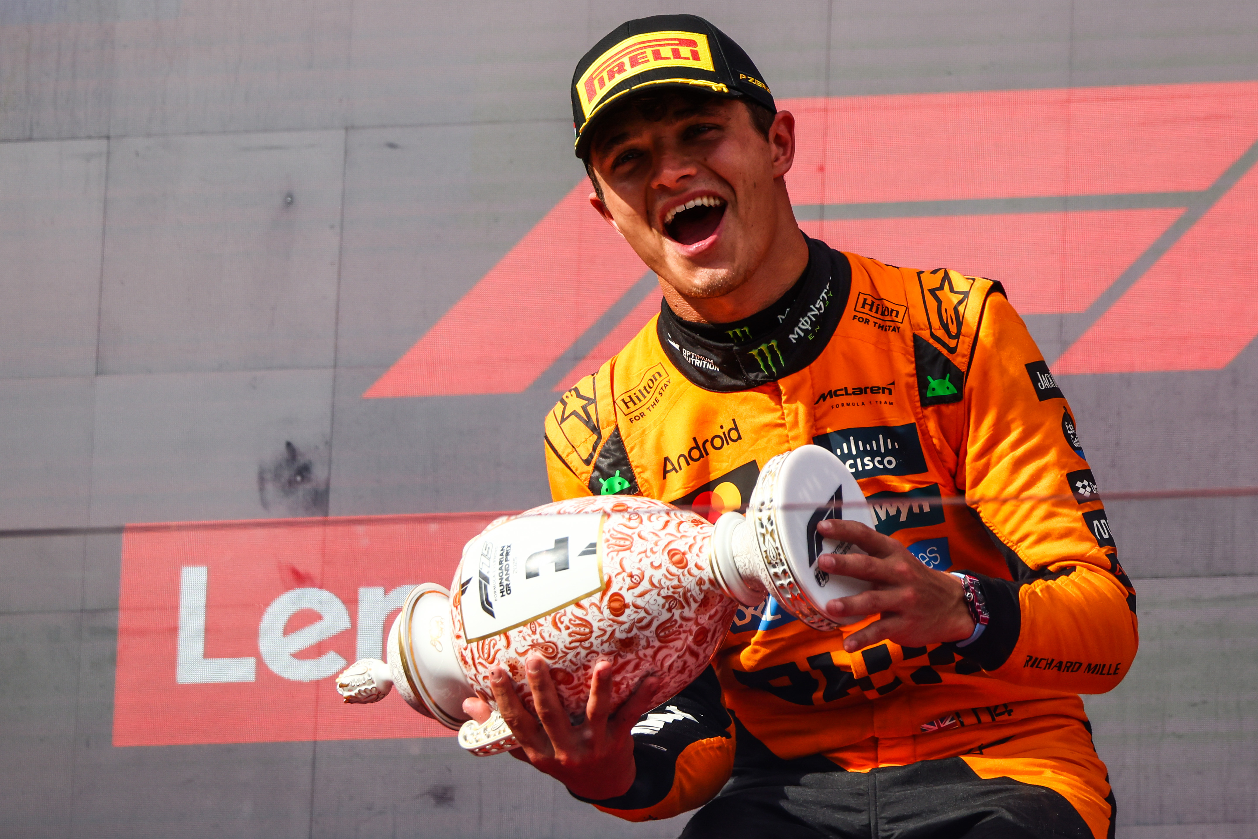 Lando Norris of McLaren is seen on the podium after winning the Formula 1 Hungarian Grand Prix at the Hungaroring circuit in Mogyorod near Budapest on August 3rd, 2025.
