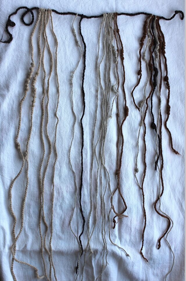 photo of a dark horizonal cord with multicolored knotted threads hanging from it