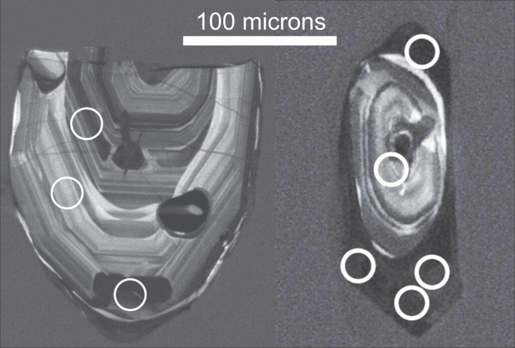 greyscale image of tiny fragments of mineral, with multiple layers visible in each fragment. A number of sites are circled on each fragment.