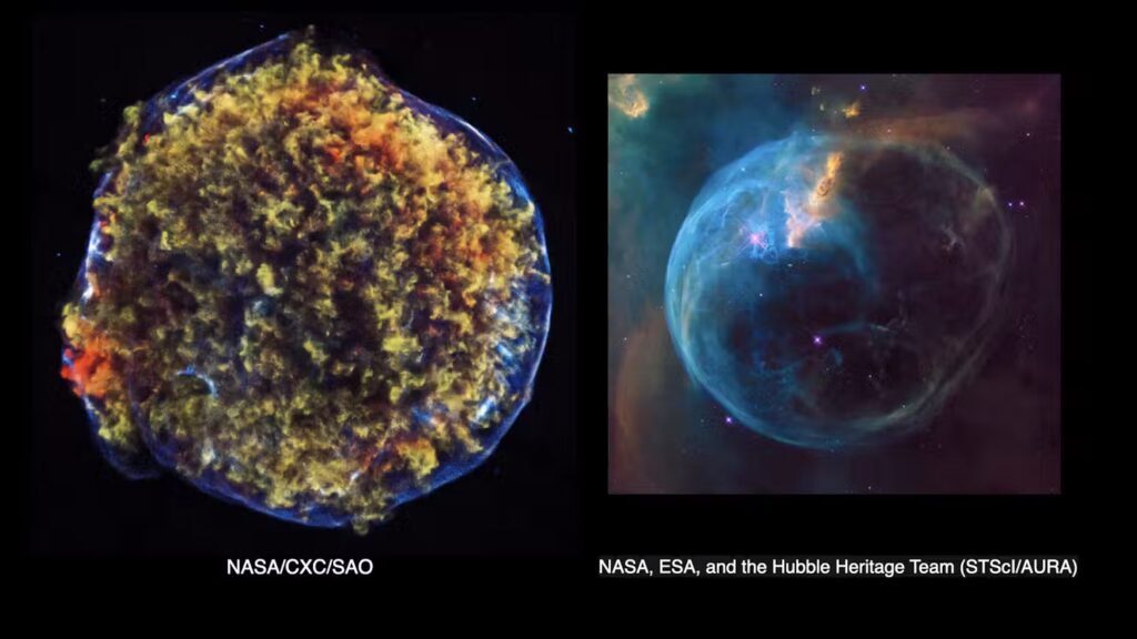 Restul unei explozii de supernove de mare masă de masă imaginată de observatorul cu raze X Chandra, la stânga și rămășița unei stele cu masă joasă care se evaporă într-o bulă albastră, la dreapta.