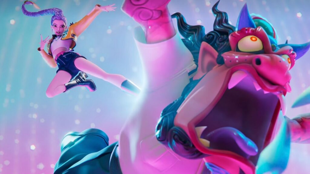 animated k-pop singer with long purple braid takes out a demon with a flying kick