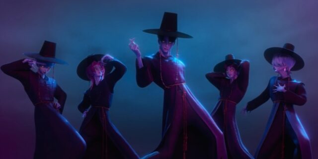 The Saja Boys take on the traditional garb of the jeuseung saja, aka the grim reaper.