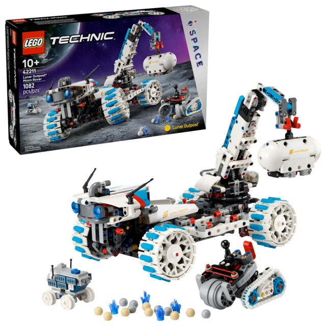 a mostly-white and blue building brick toy in the shape of a moon rover and the packaging it comes in