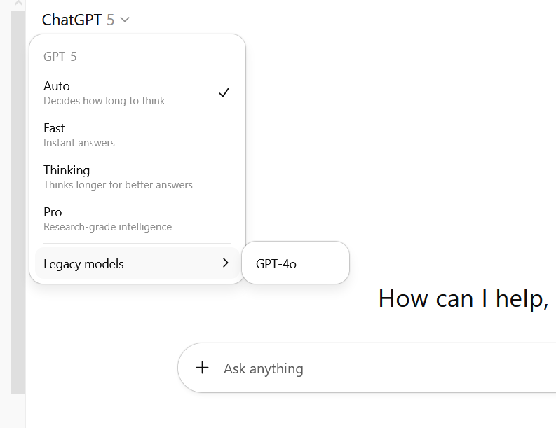 A screenshot of ChatGPT Pro's model picker interface captured on August 13, 2025.