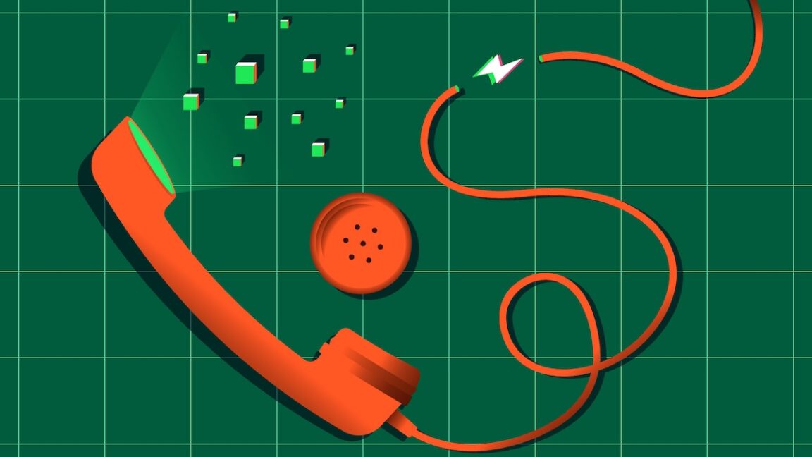 Broken handset on a floor with pixel details.
